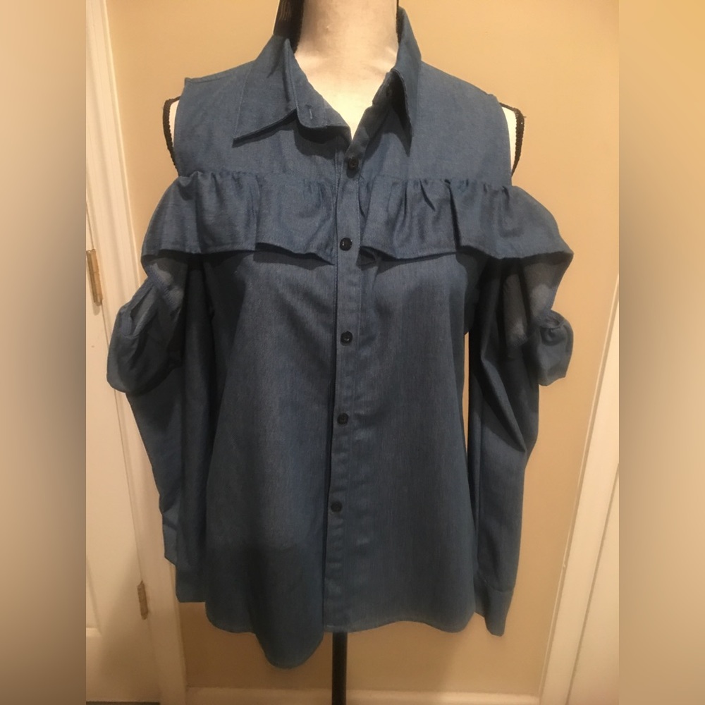 Blue Denim Ruffled Botton-Front top NWT!!